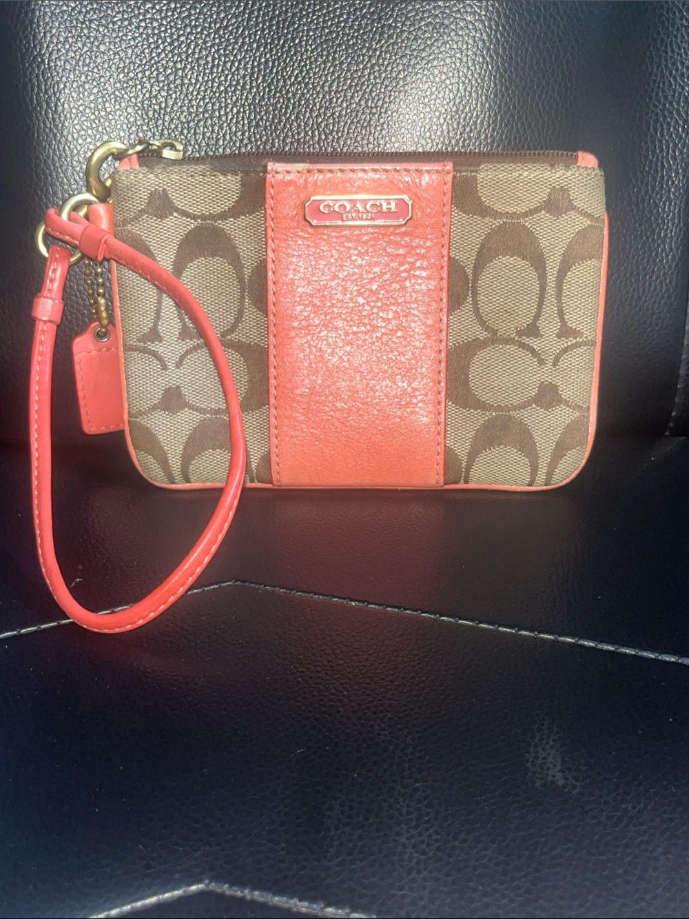 Coach Signature C Khaki & Coral Wristlet